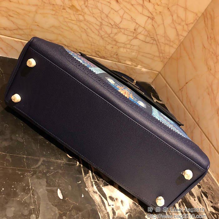 HERMES愛馬仕 凱莉包 kelly 32cm 拼接印花圖案 時尚手提包  Ama1409